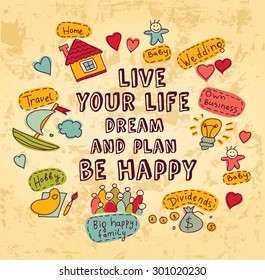 Greeting card or poster dream and plan icons color. Wishes objects and icons greeting card. Color vector illustration. EPS 8.