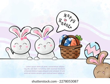 Greeting card and poster of Easter day in watercolors style and vector design with example texts.