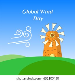 Greeting Card and Poster of Global Wind Day with Mill and Swirls. Template for your design. Vector illustration