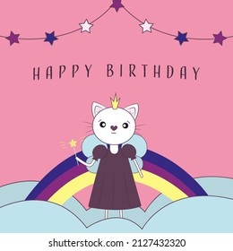 Greeting card, poster Happy birthday for children. Postcard with a fairy cat on a pink background. Vector illustration.