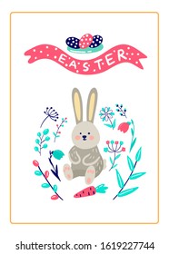 Greeting card poster Happy Easter. Lettering Easter. Set of cute floral elements and a funny hare.