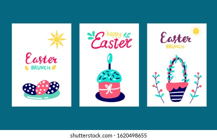 Greeting card poster Happy Easter. Set of multi-colored cards for cards with Easter items. Happy Easter lettering and Easter brunch.