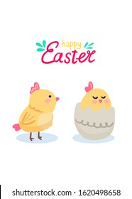 Greeting card poster Happy Easter. Illustration of cute funny chickens. Letering Happy Easter.