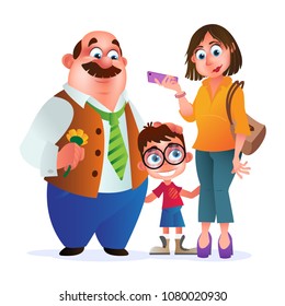 Greeting card or poster to Happy Family Day. Vector illustration of father, mother and son isolated on white background. Perfect to use in advertising or web design and others creative projects
