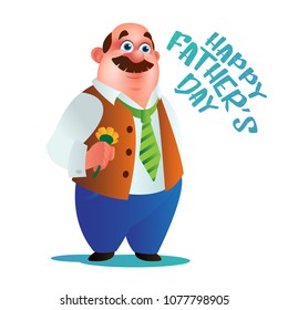 Greeting card or poster to Happy Father's Day. Vector Dad stands with flower and green tie isolated on white background. Perfect to use in advertising or web design and others creative projects