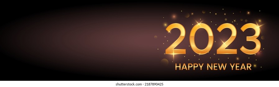 Greeting card or poster with happy new year 2023 with gold glitter and shine. vector illustration for web.Xmas