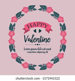 Greeting card or poster for happy valentine, with sketch cute pink flower frame. Vector