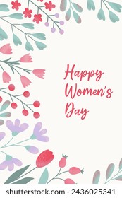 Greeting card or poster for Happy Women's Day. Holiday flat botanical vector illustration. Grainy textured spring flowers, branches and berries. Hand drawn floral template for birthday, Mothers Day