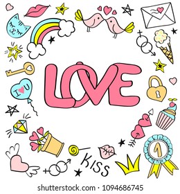 Greeting card, poster with Love lettering and hand drawn girly doodles for valentines day or birthday.