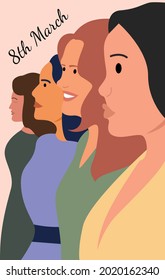 Greeting card or poster for March 8 with women of different nationalities and cultures. Equality women's day or happy women's day. Vector flat illustration.