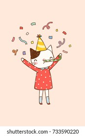 Greeting Card, Poster, Party Invitation with cute cartoon cat girl cerebrating. Copy space for text. Isolated on beige background. Flat design. Celebration vector illustration.