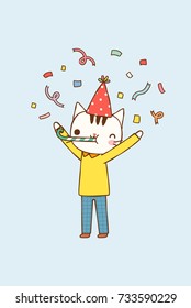 Greeting Card, Poster, Party Invitation with cute cartoon cat boy cerebrating. Copy space for text. Isolated on blue background. Flat design. Celebration vector illustration.