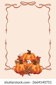 Greeting card or poster template with bright orange pumpkins, pine cones, autumn leaves and cotton flowers with a beautiful frame with bows on a light background, for autumn designs