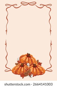 Grußkarte oder Plakatschablone mit hellen runden Kürbissen, Kiefernzapfen, Herbstblättern und Baumwollblumen mit schönem Rahmen mit Bögen auf hellem Hintergrund, für Herbstdesigns