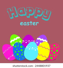 Greeting card Poster template Easter Collection of Realistic 3D Colored Easter eggs different texture, vector red background.