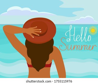 Greeting card or poster with the text Hello Summer. Vector illustration of a woman on a background of the sea