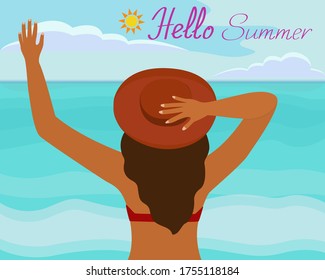 Grußkarte oder Poster mit dem Text Hallo Sommer. Vektorgrafik einer Frau auf Meereshintergrund