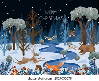 Greeting card or poster with trees and animals. Vector holiday background for print