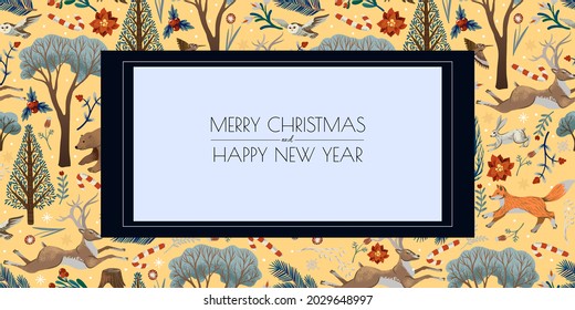 Greeting card or poster with trees and animals. Vector holiday background for print