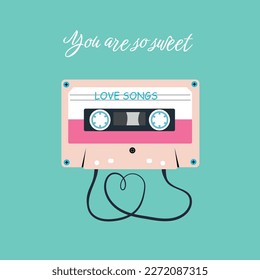 Greeting card, poster. Trendy hand drawn vector card design for web and print. Vintage 90s music tape and black ribbon with love message. Birthday, Valentine's Day, love concept.