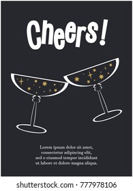 Greeting card or poster with two champagne glasses with space for text. Vector illustration