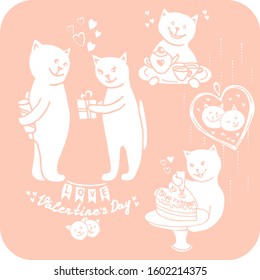 Greeting card or poster for Valentine's Day with cute funny cats celebrating the holiday. A girl makes a cake in the form of a heart, a boy makes tea or coffee, a loving couple of cats give gifts.