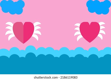greeting card poster valentines day love pink hearts with wings flying blue clouds pink background