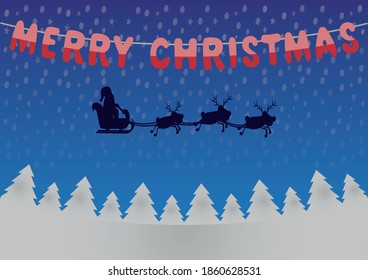 greeting card, poster with white trees, funny reindeers and red merry christmas garland, blue sky with snow. Vector illustration
