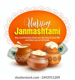 Grußkarte mit Töpfen (kalash, handi) und milchigen Speisen (dahi) für Hindu Festival Krishna Janmashtami (Geburt von Lord Krishna). Vektorillustration.