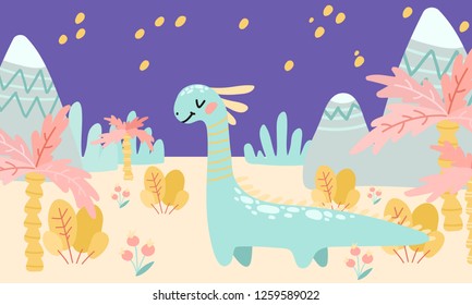 Greeting card. Prehistoric period. Cartoon Scandinavian vector illustration. For children's celebrations, parties. Cute childish night landscape with dinosaurs, mountains, palm, plants, flowers, stars