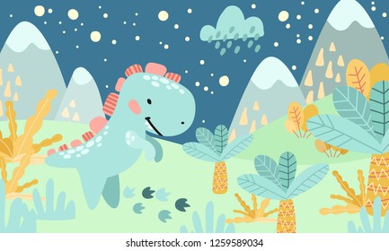 Greeting card. Prehistoric period. Cartoon Scandinavian vector illustration. For children's celebrations, parties. Cute childish night landscape with dinosaurs, mountains, palm, plants, flowers, stars