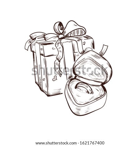 Greeting card with present gift in holiday box, wedding ring in heart shape velvet box. Vector illustration of postcard on February 14, gift or present on romantic party, St. Valentines day surprise