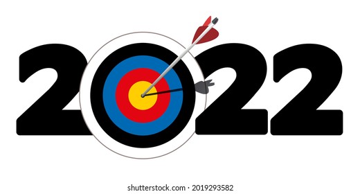 Greeting card to present the goals of an ambitious company for 2022, with the symbol of an arrow reaching the heart of a target.