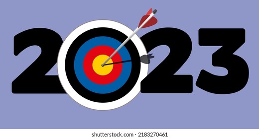 Tarjeta de felicitación para presentar los objetivos de una empresa ambiciosa para 2023, con el símbolo de una flecha llegando al corazón de un objetivo.