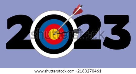 Greeting card to present the goals of an ambitious company for 2023, with the symbol of an arrow reaching the heart of a target.