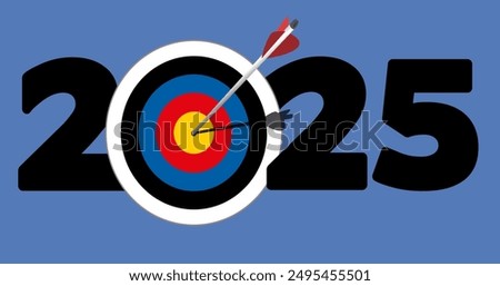 Greeting card to present the objective to be achieved for a company in 2025, with the symbol of an arrow that touches the heart of a target.