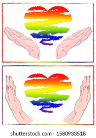 greeting card pride concept. male and female hands hold a rainbow heart. symbol of LGBT community, tolerance, struggle for equal rights. hand-drawn multicolor vector illustration