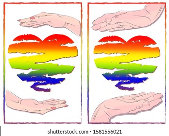 greeting card pride concept. male and female hands hold a rainbow heart. symbol of LGBT community, tolerance, struggle for equal rights. hand-drawn multicolor vector illustration