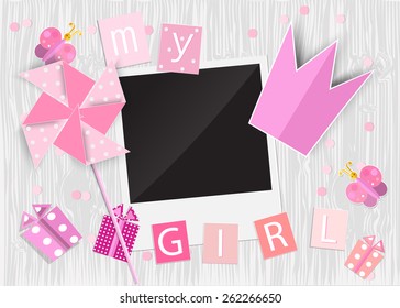 Greeting card for princess girl. Pinwheel, crown, gift box, photo frame, butterflies on wooden background. Vector EPS10.