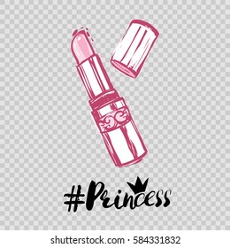 Greeting card with princess hashtag and pink lipstick. Wedding patches illustration. Design composition for t-shirt, phone cover, cards print. Vector fashion hand drawn art in watercolor style.