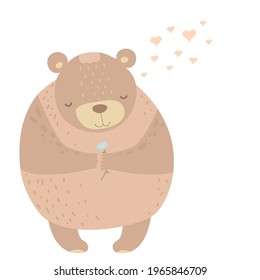 Greeting card and print pattern happy bear for fabric textiles kids. Concept romantic card with cute bear and the flower, herart
