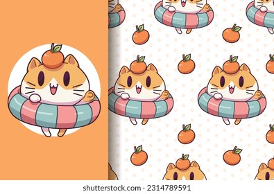 Greeting card and print seamless pattern fat orange cat wearing a swim ring, Cartoon illustration for children, Vector image.