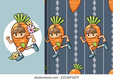 Greeting card and print seamless pattern boy wearing carrot costume cartoon, Cartoon illustration for children, Vector image.