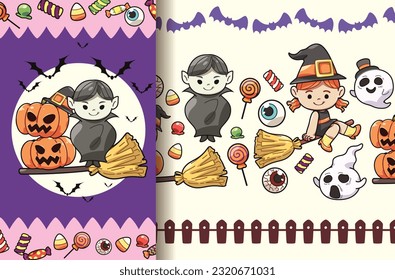 Greeting card and print seamless pattern little vampire halloween cartoon, Cartoon illustration for children, Vector image.
