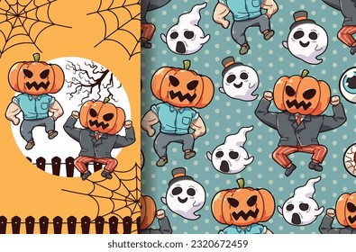 Greeting card and print seamless pattern Pumpkin Man cartoon, Cartoon illustration for children, Vector image.
