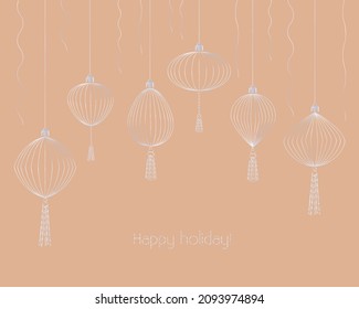 Greeting card or print. Set of  style silver holiday toys. Chinese lanterns and serpentine . New Year theme. Vector illustration.