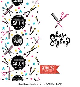 Greeting card for promotion beauty salon. Seamless pattern with hair dressing tools on one side. On another inscription: hair styling. Vector template.