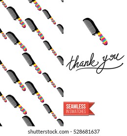 Greeting card for promotion beauty salon. Seamless pattern with hair dressing tools on one side. On another inscription, thank you. Vector template.