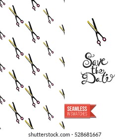 Greeting card for promotion beauty salon. Seamless pattern with hair dressing tools on one side. On another inscription: save the date. Vector template.