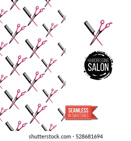 Greeting card for promotion beauty salon. Seamless pattern with hair dressing tools on one side. On another inscription: hairdressing salon. Vector template.